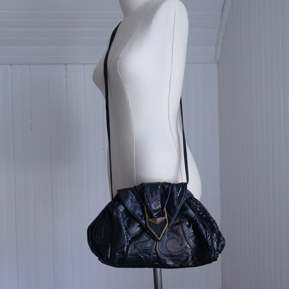 Vintage 80s Sharif black leather patchwork clutch/crossbody bag - Picture 7 of 8